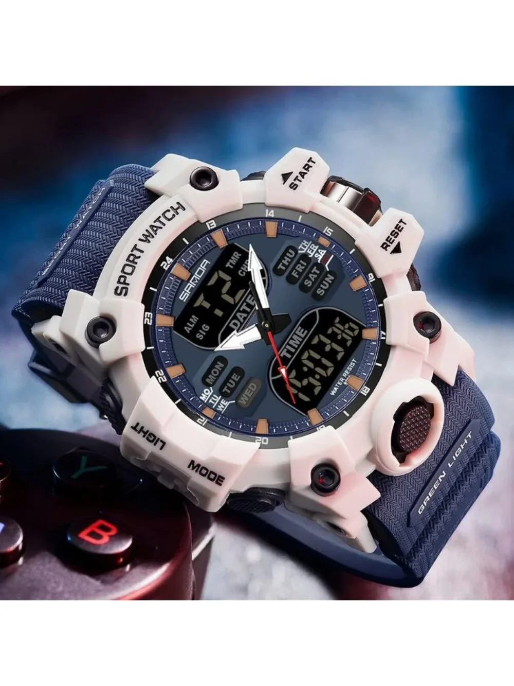 Men's Dark Blue White Analog Quartz S-Shock Waterproof Sports LED Digital Watch
